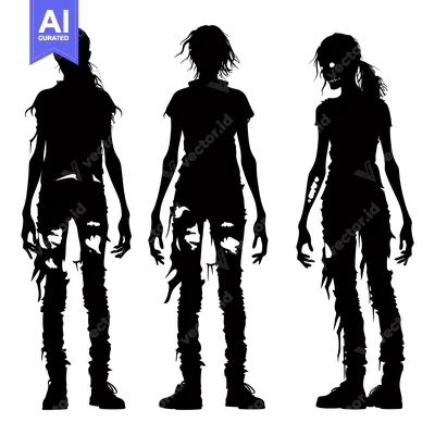 Premium design asset: Three Black Silhouettes of Female Zombies in Ripped Clothing and Boots