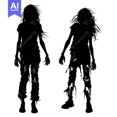 Aset desain premium: Two Female Silhouettes with Ripped Clothing and Long Hair