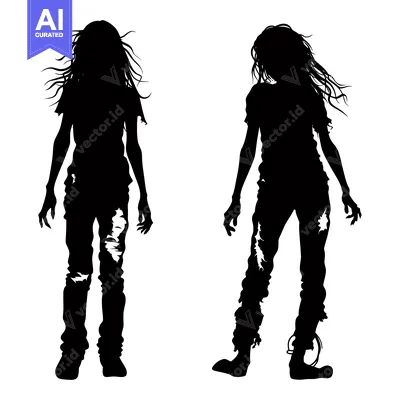 Aset desain premium: Two Female Zombie Silhouettes with Ripped Jeans and Long Hair