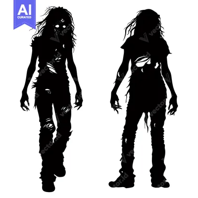 Two Silhouette Figures of Walking Zombies with Ripped Clothing