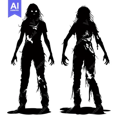 Aset desain premium: Two Silhouettes of Female Zombies with Ripped Clothing