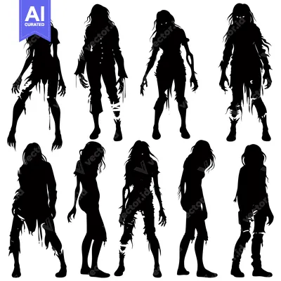 Silhouettes of nine female zombie figures in various poses.