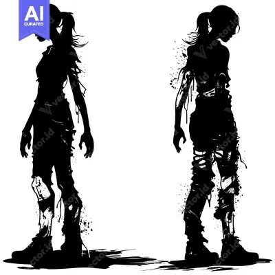 Premium design asset: Two Female Silhouettes with Torn Clothing and Exposed Bones