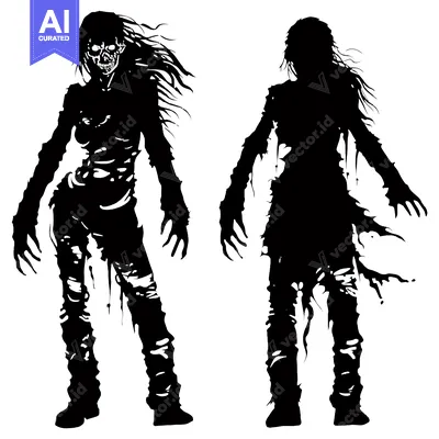 Aset premium populer: Two Female Zombie Silhouettes with One Showing Skull and Teeth