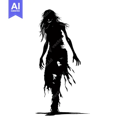Premium design asset: Silhouette of a Female Monster with Ripped Clothing and Grinning Face