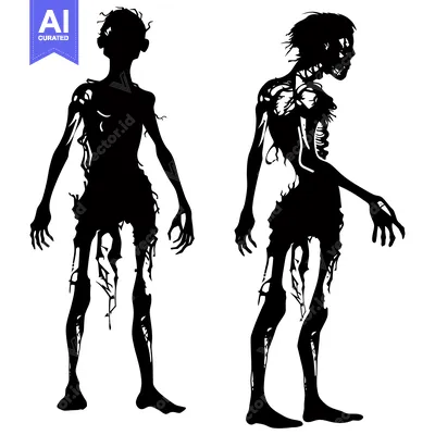 Two Silhouettes of Decaying Zombies with Exposed Bones
