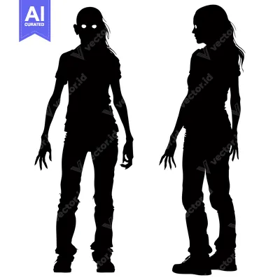 Aset desain premium: Black and White Silhouettes of Two Figures with Glowing Eyes