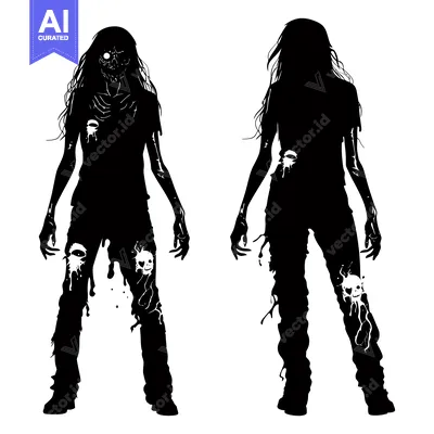 Two Black and White Silhouettes of Female Zombies