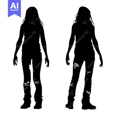 Aset desain premium: Two Female Silhouettes in Torn Jeans and Boots