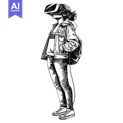 Premium design asset: A woman in a VR headset, wearing a denim jacket, with a backpack, stan