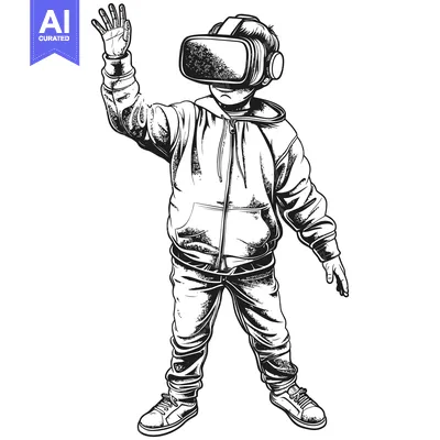 Premium design asset: A boy wearing a VR headset and reaching out with his hand