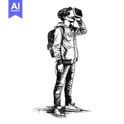 Aset premium populer: A young man wearing a virtual reality headset and backpack
