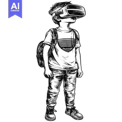 Aset desain premium: A Boy Wearing Virtual Reality Glasses with a Backpack