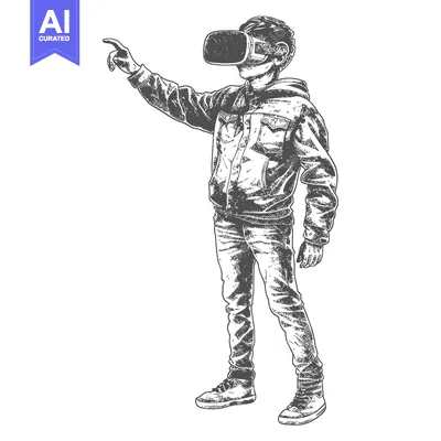 Premium design asset: A man wearing a VR headset and pointing with his right hand