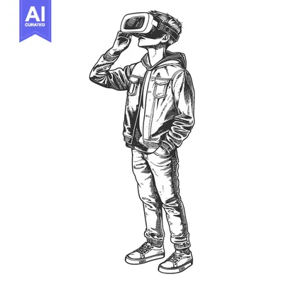 Aset desain premium: A young man in casual clothing wearing a VR headset