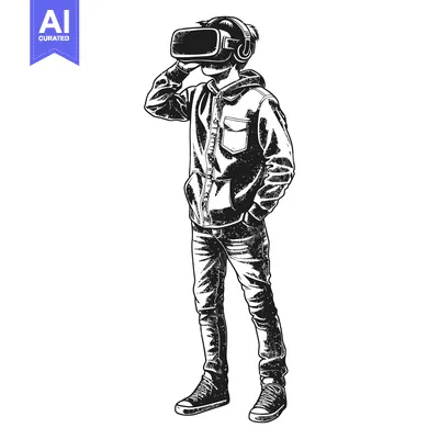 Aset desain premium: A person wearing a VR headset and casual clothes, standing with one ha