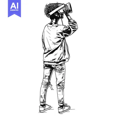 Premium design asset: A young person wearing a VR headset, standing and looking up, drawn in