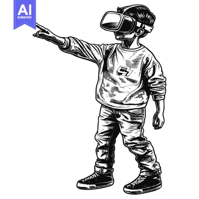 Aset premium populer: Young Boy Wearing Virtual Reality Headset Interacting with Digital Wor