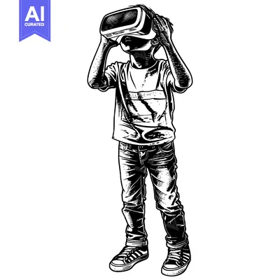 Aset desain premium: A young person wearing a VR headset, standing with hands on the headse