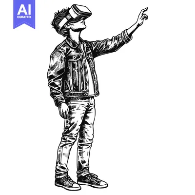 Aset desain premium: A Man Wearing a VR Headset and a Denim Jacket, Reaching Out With His R