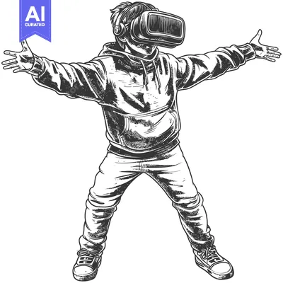 Aset desain premium: Young man with VR headset and outstretched arms in a virtual world.