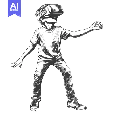 Aset desain premium: A boy wearing a virtual reality headset and looking up