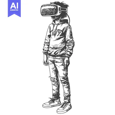 A Person Wearing a VR Headset, Hoodie, Jeans, and Sneakers