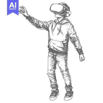 Aset premium populer: Hand-drawn illustration of a person wearing a VR headset and hoodie