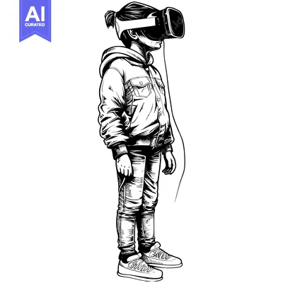 Popular premium asset: Black and white illustration of a young person wearing a VR headset