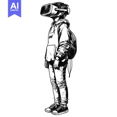A Teenager Wearing a VR Headset, Hoodie, and Backpack