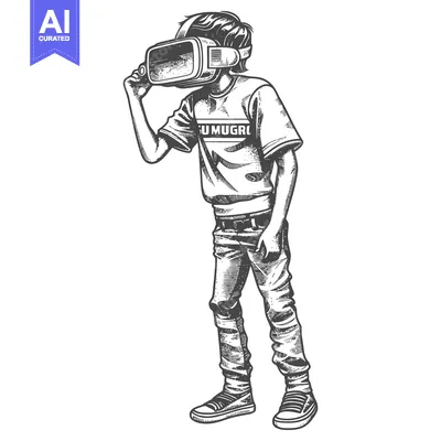 Hand-drawn illustration of a young person wearing a VR headset