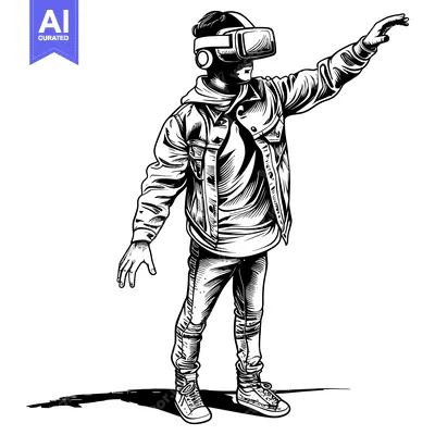 Aset premium populer: A Black and White Illustration of a Person Wearing VR Goggles and Reac