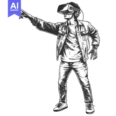 Aset premium populer: A Man Interacting with Virtual Reality in a Denim Jacket and Jeans