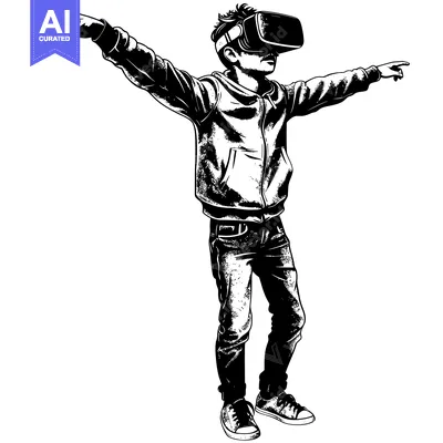 Aset premium populer: A young man wearing VR headset, hands outstretched, black and white il