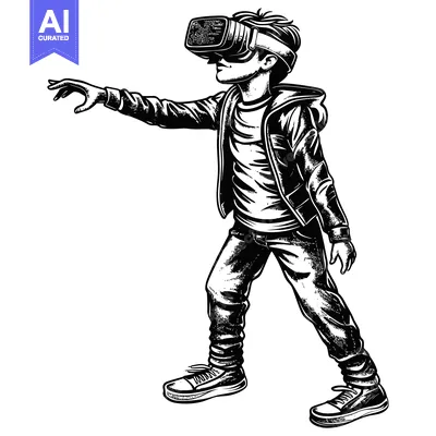 Aset desain premium: A Black and White Illustration of a Young Man Wearing Virtual Reality