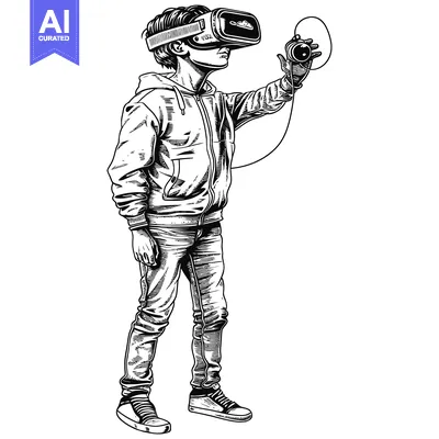 Aset desain premium: A young person wearing a VR headset and holding a controller
