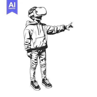 Aset premium populer: A Boy Wearing a VR Headset and Hoodie Reaching Out with His Right Hand