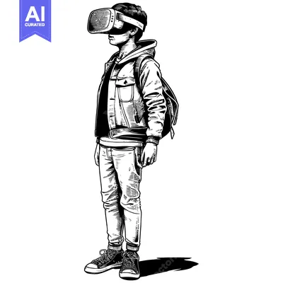 Aset desain premium: A Young Person Wearing a VR Headset and Backpack