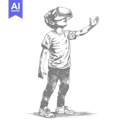 A Young Boy Wearing a Virtual Reality Headset and Looking Up