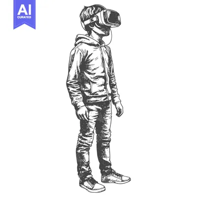 Aset premium populer: Hand-drawn illustration of a man wearing virtual reality headset