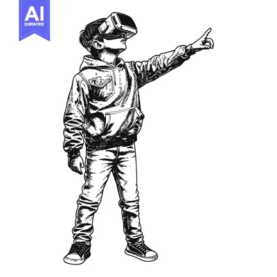 Young Person Wearing VR Headset and Pointing Upwards