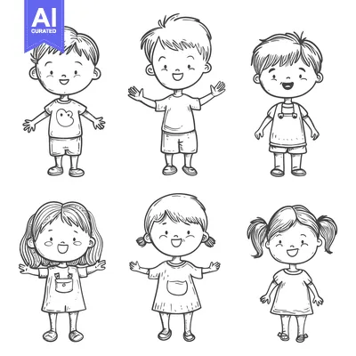 Aset desain premium: Hand-drawn Sketch of Six Smiling Children