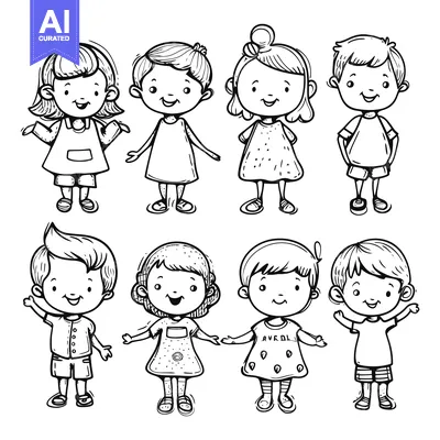 Aset desain premium: Hand-drawn cartoon illustrations of eight happy children