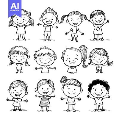 Premium design asset: Ten Smiling Children Illustrated in Black and White