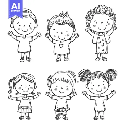 Aset premium populer: Six Smiling Children With Arms Outstretched in Hand-Drawn Style