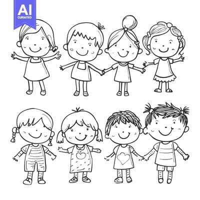 Aset premium populer: Hand-drawn illustration of eight smiling children in simple clothing