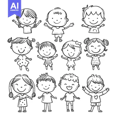 Aset desain premium: A Group of Nine Smiling Children in a Hand-Drawn Illustration