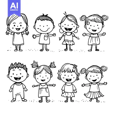 Premium design asset: Eight Cartoon Children Smiling and Standing with Their Arms Out