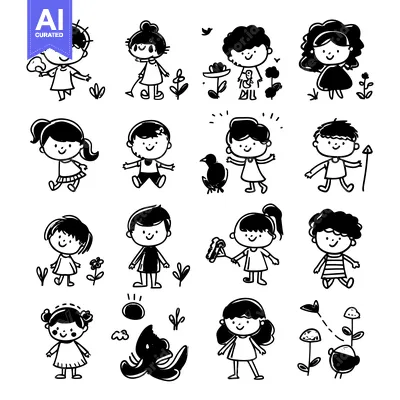 Aset desain premium: A Collection of Hand-Drawn Black and White Illustrations Featuring Chi