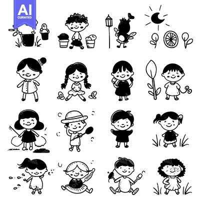 Aset premium populer: Black and White Doodle Illustration of Children Playing